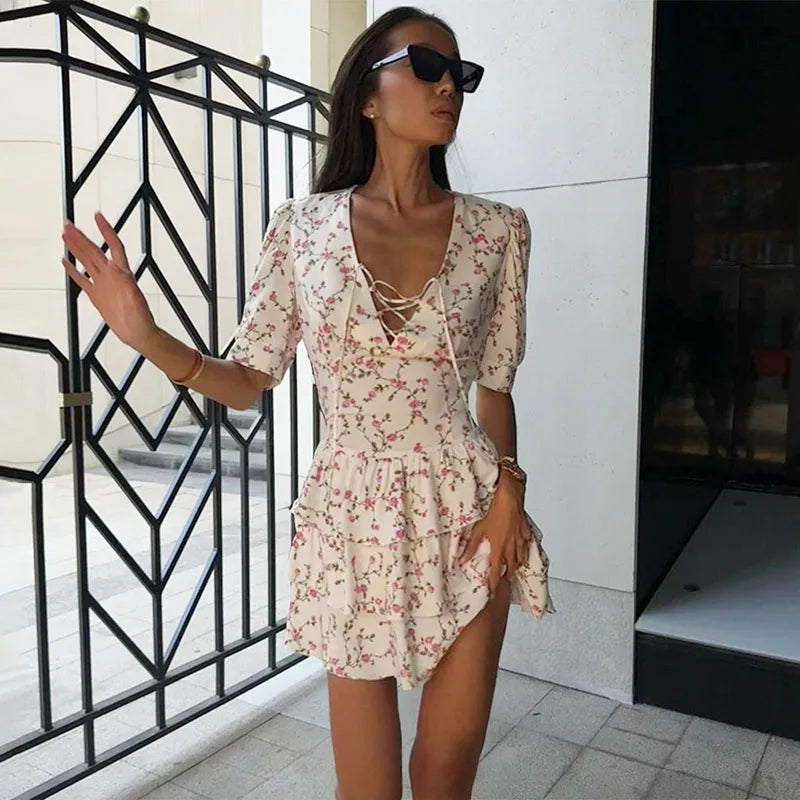 V-neck Lace Up Floral Mini Dress Women Ruffled Splice Beach Holiday Party Mini Dress