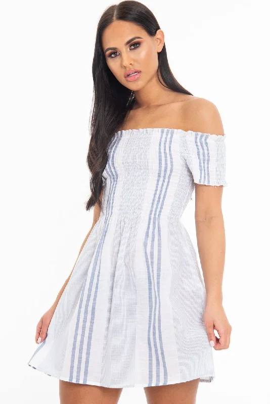 White Blue Stripe Shirred Bardot Woven Mini Dress - Artemis