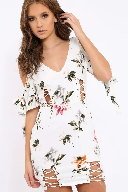 White Floral Cold Shoulder Lace Up Mini Dress - Roxina