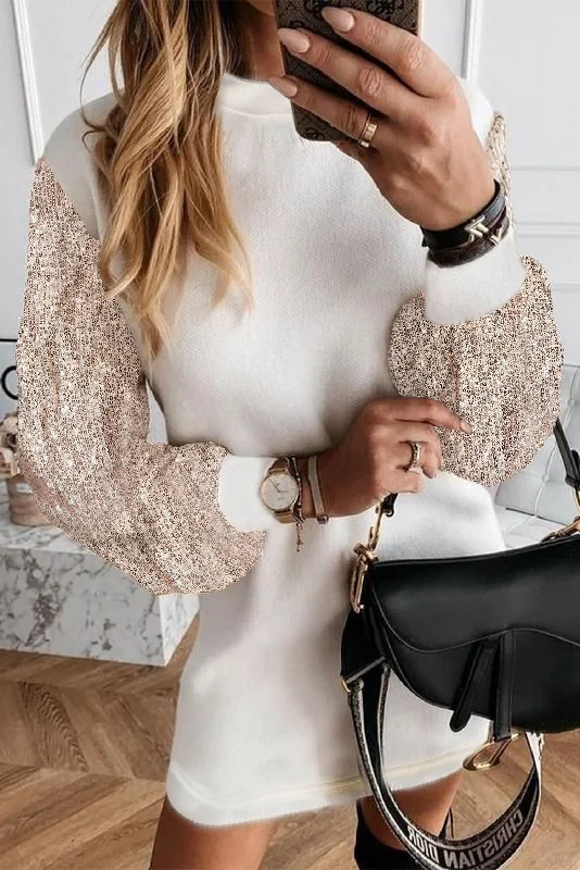 White Sequin Puff Sleeve Shift Mini Long Sleeve Sweater Dress