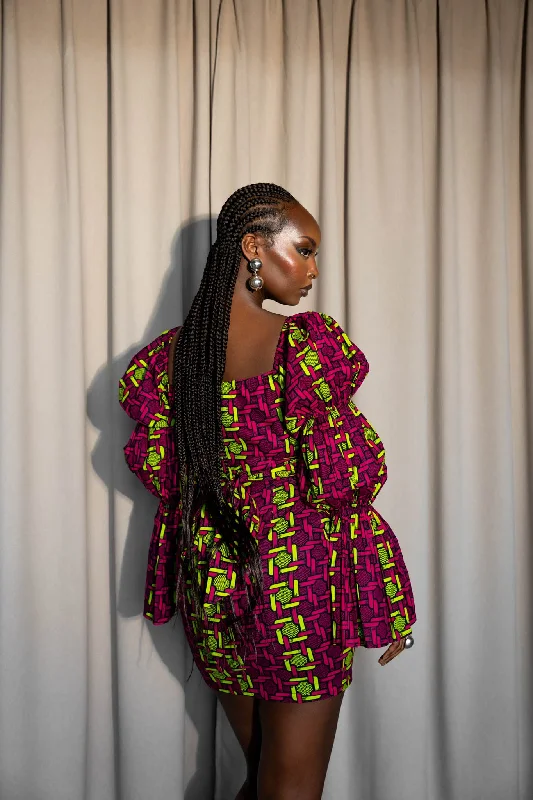 WUNMI African Print Off-shoulder Puffy Sleeve Mini Dress