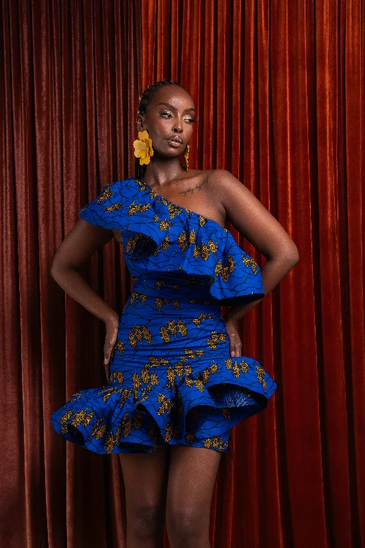 YOMI African Print One Sleeve Ruffle  Mini Dress