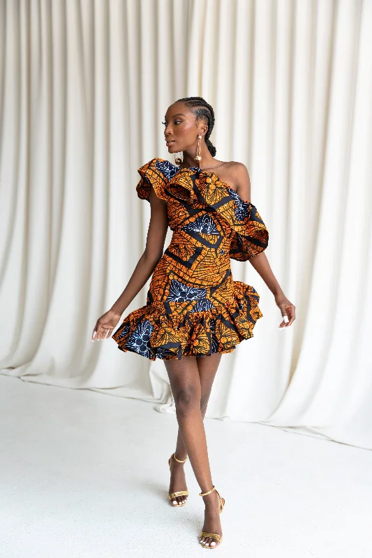 ZEZE African Print One Sleeve Ruffle  Mini Dress