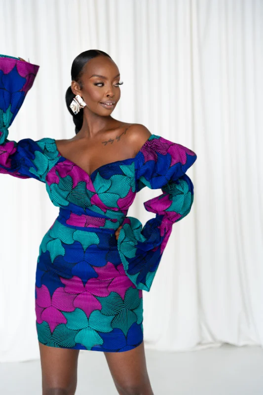 ZURI African Print Off-shoulder Puffy Sleeve Mini Dress