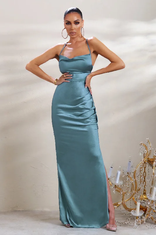 A-List | Blue Satin Cowl Maxi Dress With Thigh Split