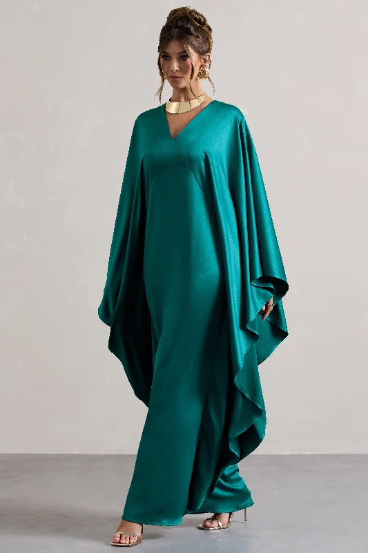 Alohi | Bottle Green Satin Plunge Cape Maxi Dress