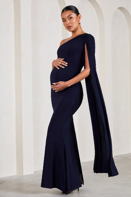 Amara | Navy One-Shoulder Maternity Maxi Dress With Cape