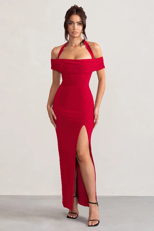 Anisa | Red Layered Halter Neck Bardot Maxi Dress With Thigh Split