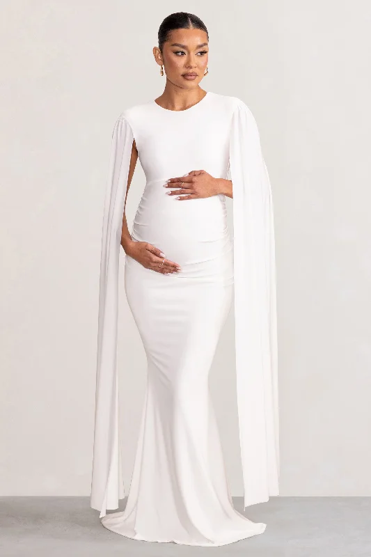 Briony | White Maternity Maxi Dress with Cape Sleeves