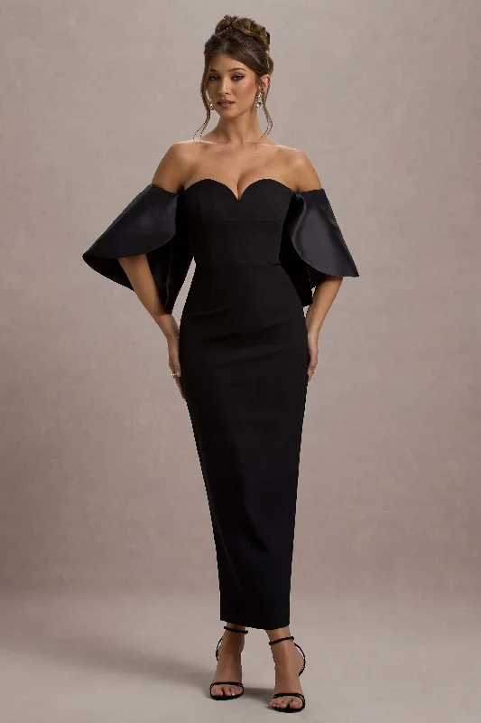 Dalani | Black Corset Maxi Dress With Satin Puff Sleeves