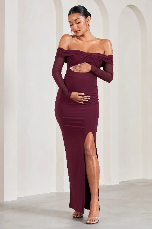 Elsie | Burgundy Bardot Long-Sleeved Maternity Maxi Dress