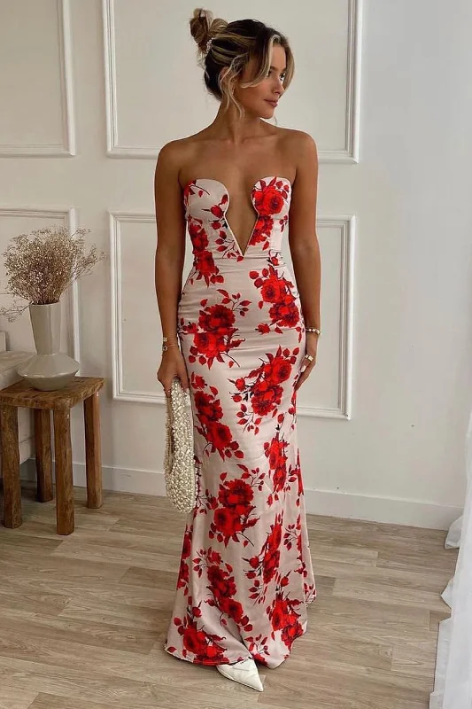 Esme | Champagne Floral Print Satin Fishtail Maxi Dress