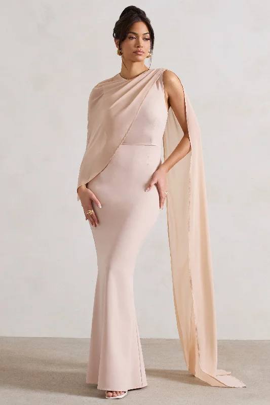 Haze | Champagne High-Neck Maxi Dress With Chiffon Cape