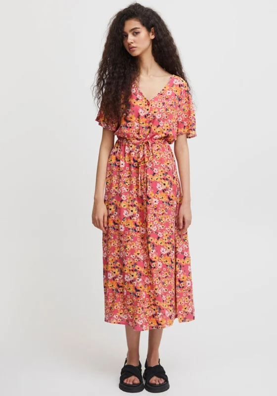 Ichi Printed Drawstring Waist Maxi Dress, Pink Multi