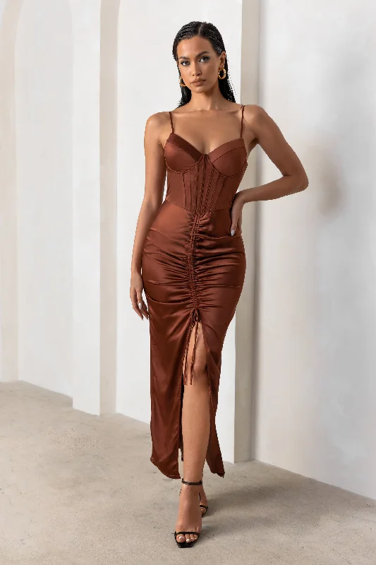 In Between | Rust Satin Sweetheart Neckline Corset Front Split Maxi Dress