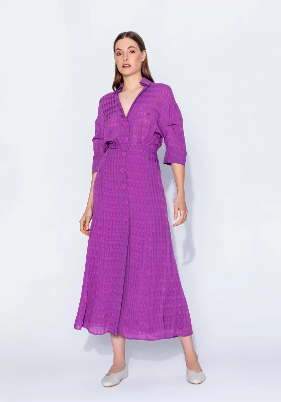 Kameya Sheer Plaid Maxi Shirt Dress, Violet