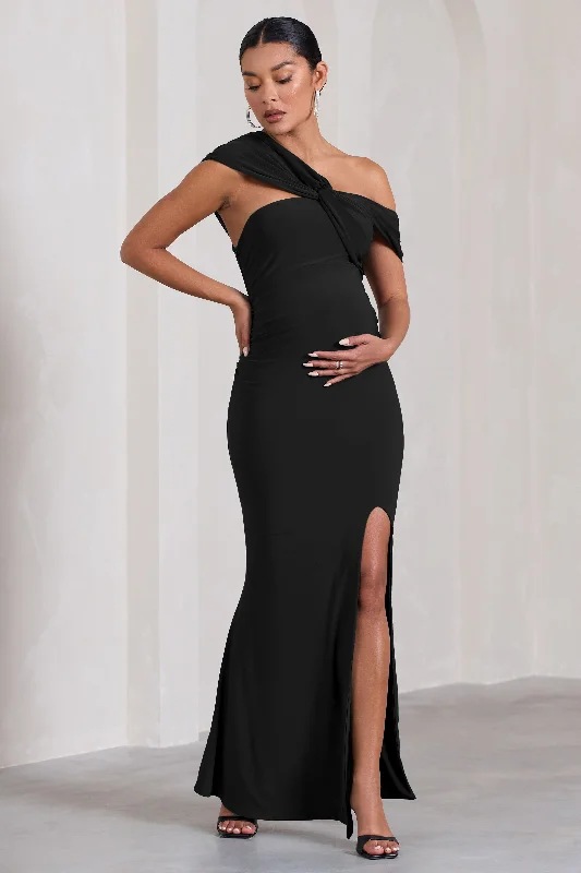 Kara | Black Asymmetric Twisted Bardot Split Maternity Maxi Dress