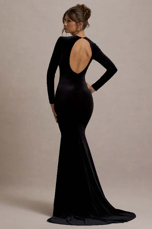 Keaton | Black Velvet Long-Sleeve Open-Back Maxi Dress