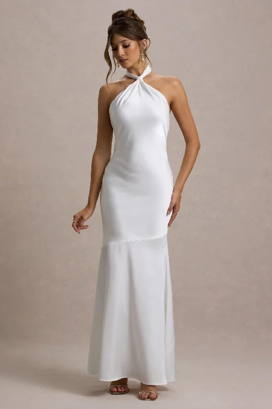 Knox | White Satin Knot Halter-Neck Maxi Dress