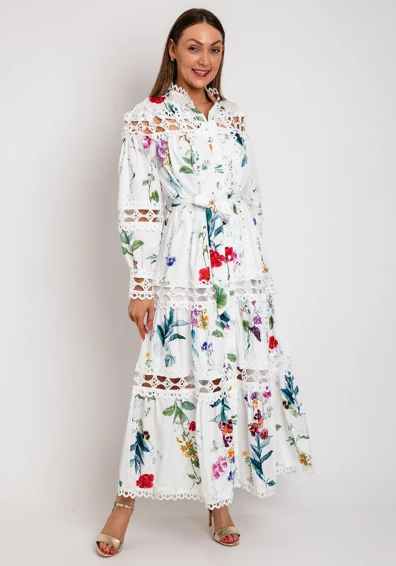 The Serafina Collection Floral Print with Broidery Maxi Dress, White Multi