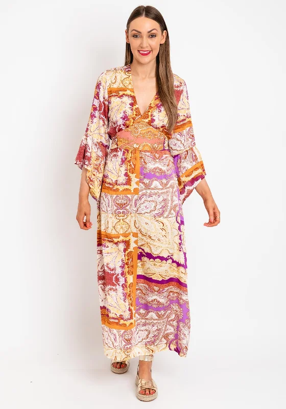 Serafina Collection Satin Damask Print Tie Maxi Dress, Gold Multi