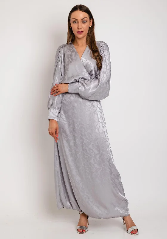 The Sofia Collection Leaf Print Satin Batwing Maxi Dress, Silver