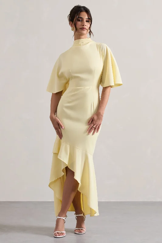 Lavinia | Pastel Yellow High-Neck Flutter-Sleeve Asymmetric Maxi Dress