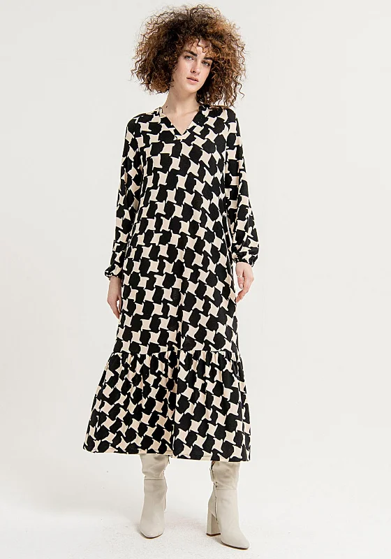 Surkana Houndstooth Print, Frill Hem Maxi Dress, Black