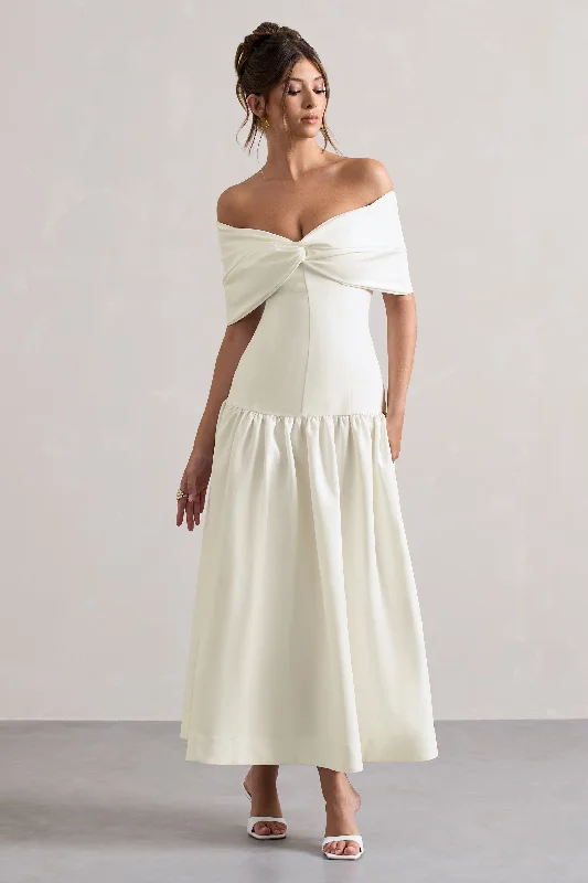 Marguerite | White Twisted Bardot Drop-Waist Maxi Dress