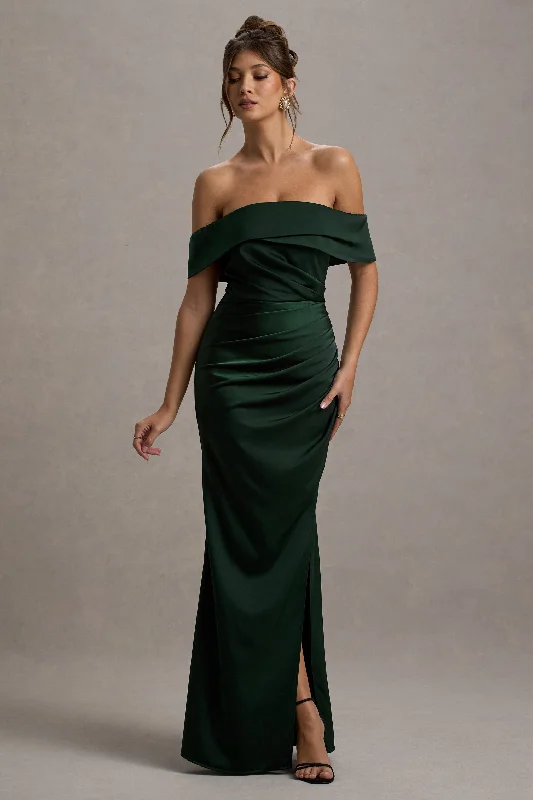 Martine | Bottle Green Satin Bardot Wrap Maxi Dress