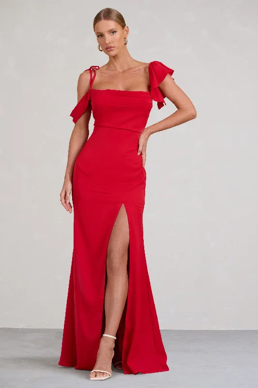 Merlot | Red Asymmetric Draped Split Maxi Dress