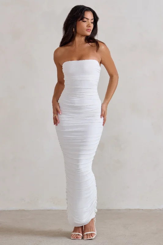 My Lady | White Strapless Bodycon Ruched Mesh Maxi Dress