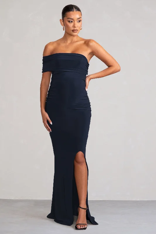 New Addition | Navy Maternity One Shoulder Fishtail Maxi Dress