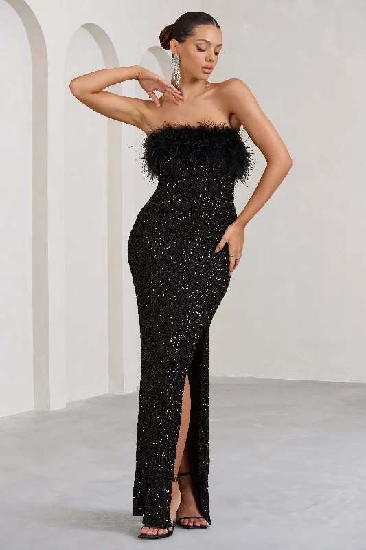 Old Money | Black Bodycon Sequin Maxi Dress With Feather Trim