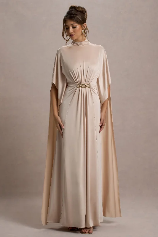 Olessia | Champagne Belted Gathered Cape-Sleeve Maxi Dress