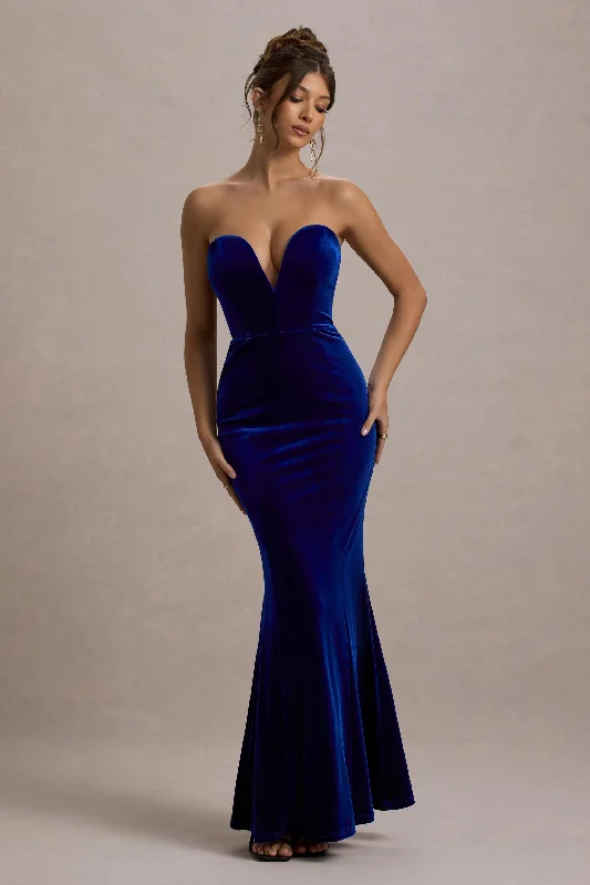 Pacifica | Cobalt Velvet Plunge-Neck Strapless Maxi Dress