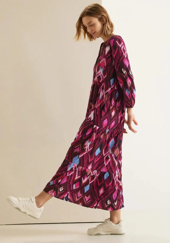 Street One Ikat Print Maxi Tiered Dress, Pink Multi