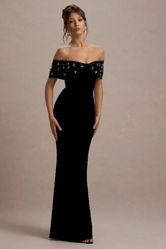 West End | Black Velvet Embellished Bardot Maxi Dress