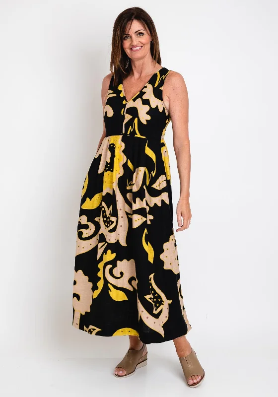 White Stuff Gigi Print Linen Blend Maxi Dress, Black & Yellow