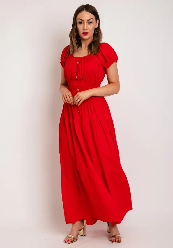 Serafina Collection One Size Shirred Waist Maxi Dress, Red