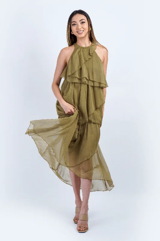 Chartreuse Layered Ruffles Halter Midi Dress