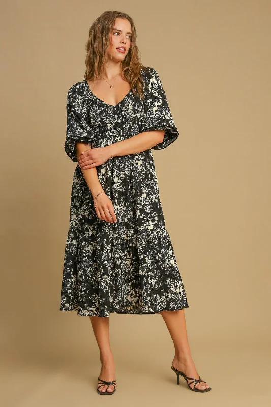 Ruffle Hem Floral Midi Dress - Black