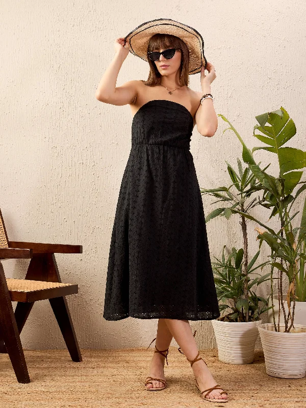 Women Black Schiffli Corset Midi Dress