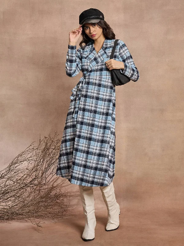 Women Blue Check Wrap Tie-Up Midi Dress