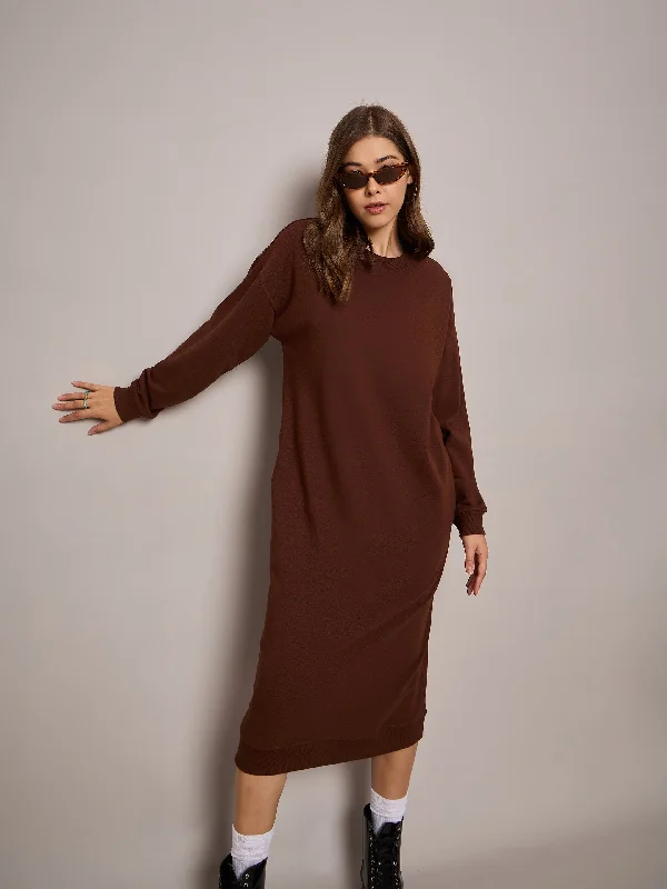 Women Brown Terry Oversized Midi Sweat Dress