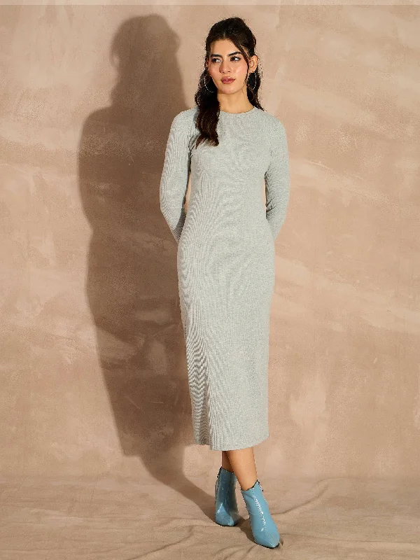 Women Grey Melange Rib Bodycon Full Sleeves Midi Dress