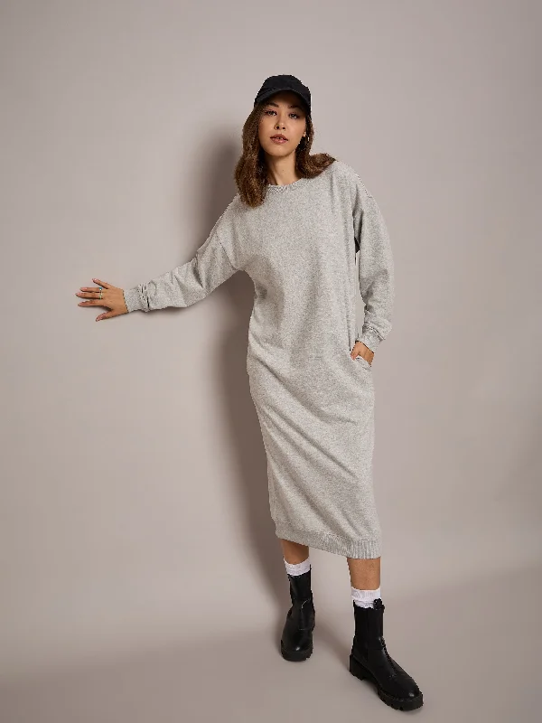 Women Grey Melange Terry Oversized Midi Sweat Dress