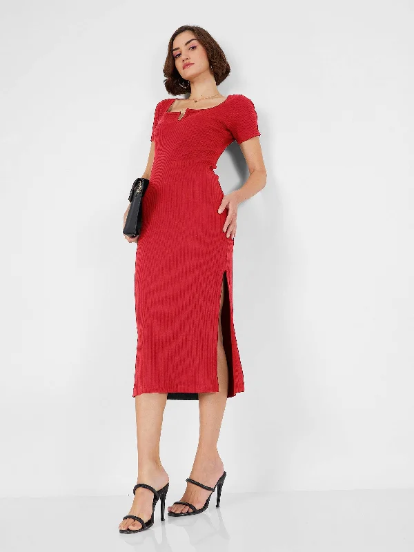 Women Red Rib V-Neck Midi Dress