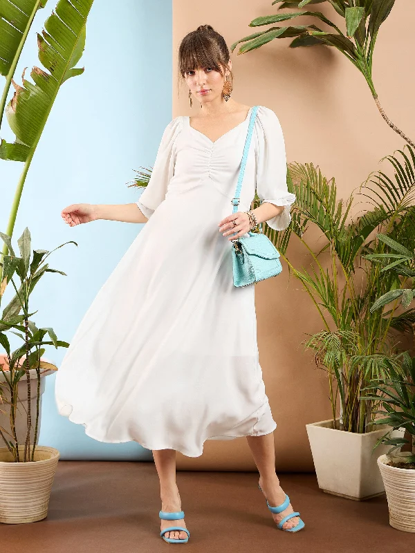 Women White Front Ruched Back Cut Out Midi Dress